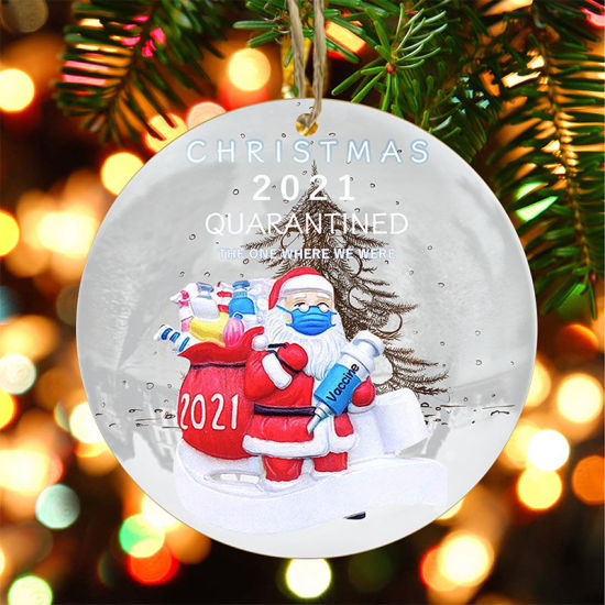 Picture of Santa Claus Wearing A Mask Wood Round Christmas Tree Home Hanging Decoration