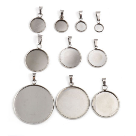 304 Stainless Steel Charm Pendant Silver Tone Round Disc Cabochon Settings