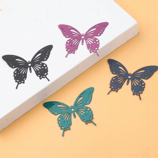 Immagine di Lega di Ferro Filigree Stamping Ciondoli Farfalla Multicolore Pittura 44mm x 36mm , 10 Pz