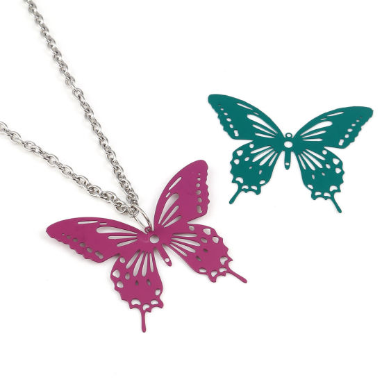 Immagine di Lega di Ferro Filigree Stamping Ciondoli Farfalla Multicolore Pittura 44mm x 36mm , 10 Pz