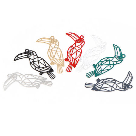 Bild von Messing Filigran Stempel Verzierung Charms Vögel Bunt Filigran Spritzlackierung 27mm x 13mm, 20 Stück
