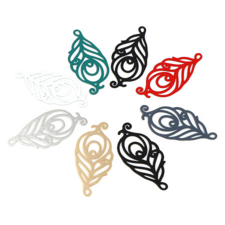 Brass Filigree Stamping Pendants Multicolor Feather Filigree Painted 30mm x 14mm, 20 PCs