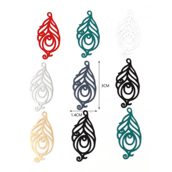 Immagine di Ottone Filigree Stamping Ciondoli Multicolore Piuma Filigrana Pittura 30mm x 14mm, 20 Pz