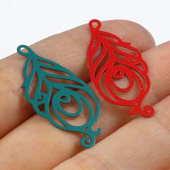 Immagine di Ottone Filigree Stamping Ciondoli Multicolore Piuma Filigrana Pittura 30mm x 14mm, 20 Pz