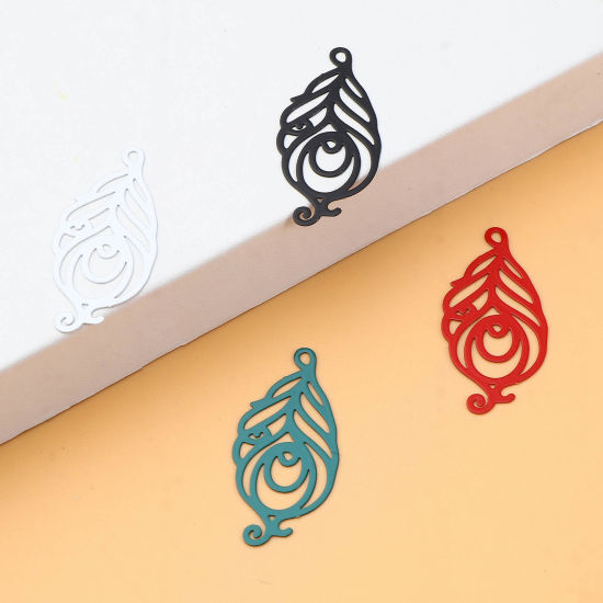 Immagine di Ottone Filigree Stamping Ciondoli Multicolore Piuma Filigrana Pittura 30mm x 14mm, 20 Pz