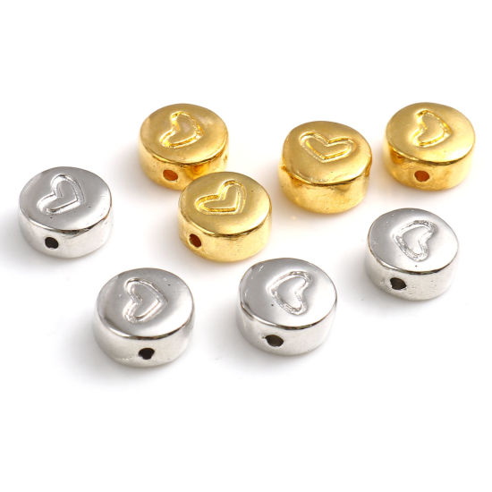 Image de Perles en Alliage de Zinc La Saint Valentin Plat-Rond Multicolore Cœur Gravé 8mm Dia, Trou: env. 1.2mm, 30 Pcs