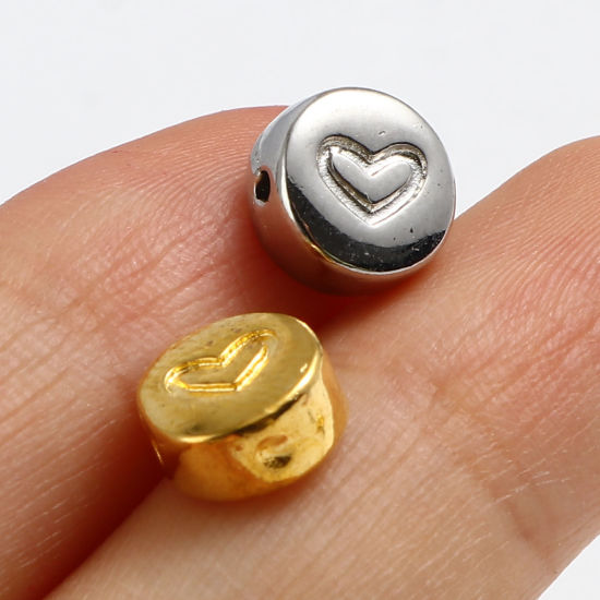 Image de Perles en Alliage de Zinc La Saint Valentin Plat-Rond Multicolore Cœur Gravé 8mm Dia, Trou: env. 1.2mm, 30 Pcs