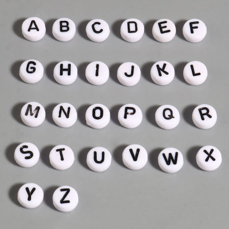 Acrylic Beads Flat Round Black & White Initial Alphabet/ Capital Letter Pattern About 7mm Dia., Hole: Approx 1.4mm, 500 PCs