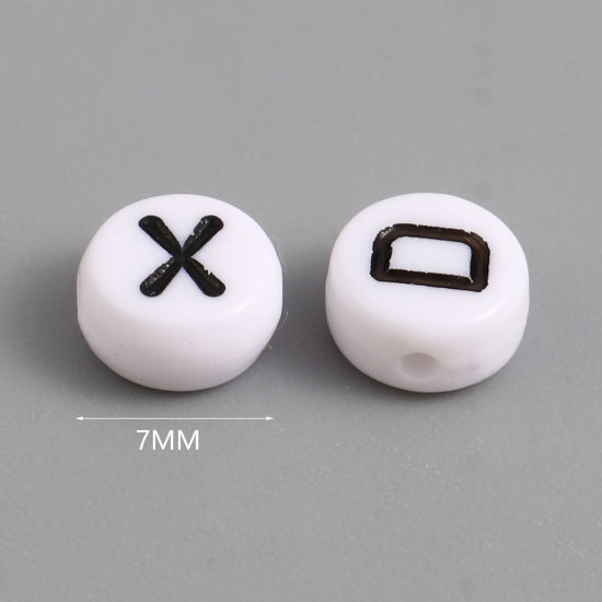 Picture of Acrylic Beads Flat Round Black & White Initial Alphabet/ Capital Letter Pattern About 7mm Dia., Hole: Approx 1.4mm, 500 PCs