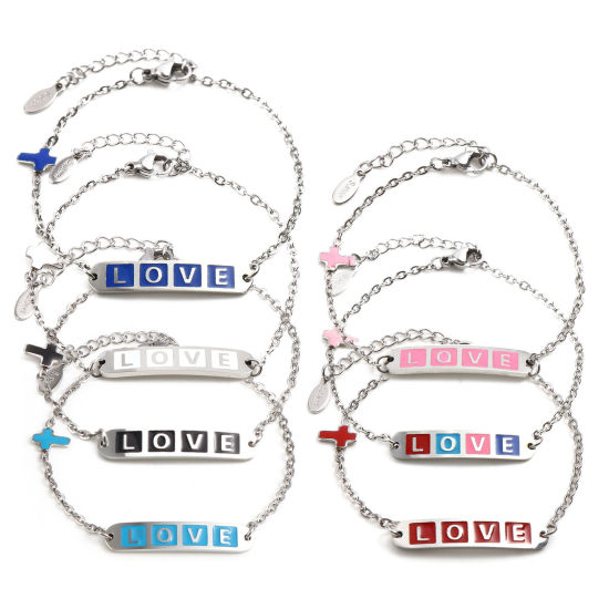 Picture of Stainless Steel Valentine's Day Link Cable Chain Bracelets Silver Tone Multicolor Oval Cross Word Message " LOVE " Enamel 17cm(6 6/8")-16.5cm(6 4/8") long, 1 Piece