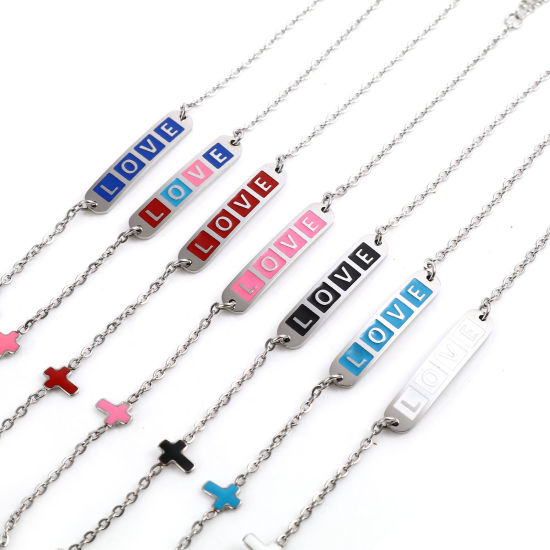 Picture of Stainless Steel Valentine's Day Link Cable Chain Bracelets Silver Tone Multicolor Oval Cross Word Message " LOVE " Enamel 17cm(6 6/8")-16.5cm(6 4/8") long, 1 Piece