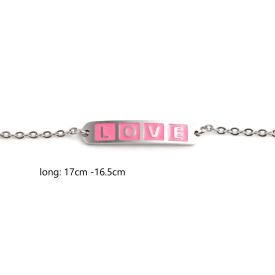 Picture of Stainless Steel Valentine's Day Link Cable Chain Bracelets Silver Tone Multicolor Oval Cross Word Message " LOVE " Enamel 17cm(6 6/8")-16.5cm(6 4/8") long, 1 Piece