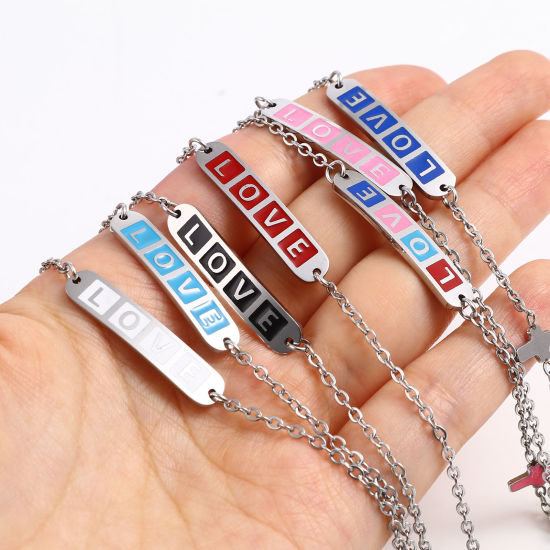 Picture of Stainless Steel Valentine's Day Link Cable Chain Bracelets Silver Tone Multicolor Oval Cross Word Message " LOVE " Enamel 17cm(6 6/8")-16.5cm(6 4/8") long, 1 Piece