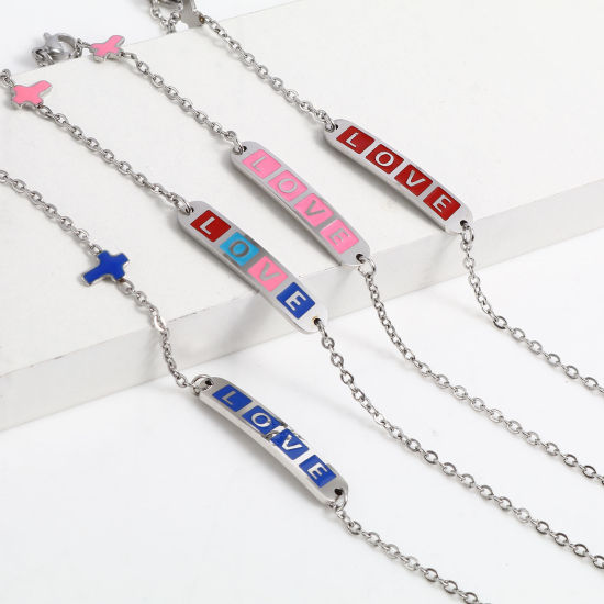 Picture of Stainless Steel Valentine's Day Link Cable Chain Bracelets Silver Tone Multicolor Oval Cross Word Message " LOVE " Enamel 17cm(6 6/8")-16.5cm(6 4/8") long, 1 Piece