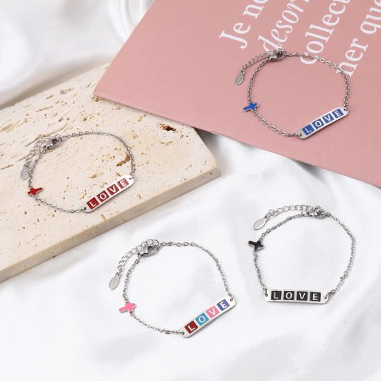 Picture of Stainless Steel Valentine's Day Link Cable Chain Bracelets Silver Tone Multicolor Oval Cross Word Message " LOVE " Enamel 17cm(6 6/8")-16.5cm(6 4/8") long, 1 Piece