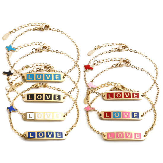 Imagen de Acero Inoxidable día de San Valentín Cable Cadena Cruz Pulseras Chapado en Oro Multicolor Óvalo Cruz " Amor " Esmalte 17cm-16.5cm longitud, 1 Unidad