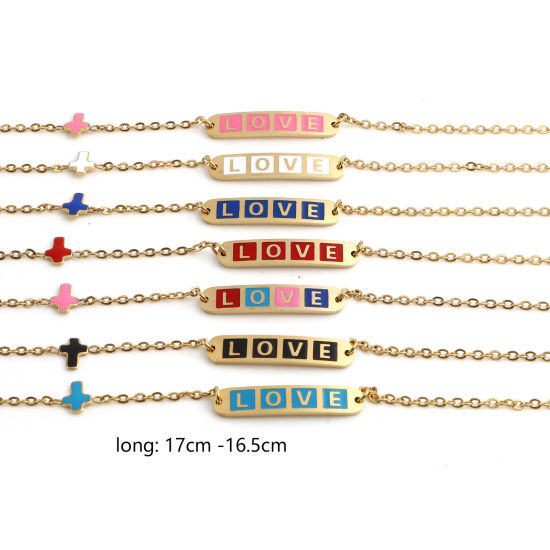 Imagen de Acero Inoxidable día de San Valentín Cable Cadena Cruz Pulseras Chapado en Oro Multicolor Óvalo Cruz " Amor " Esmalte 17cm-16.5cm longitud, 1 Unidad