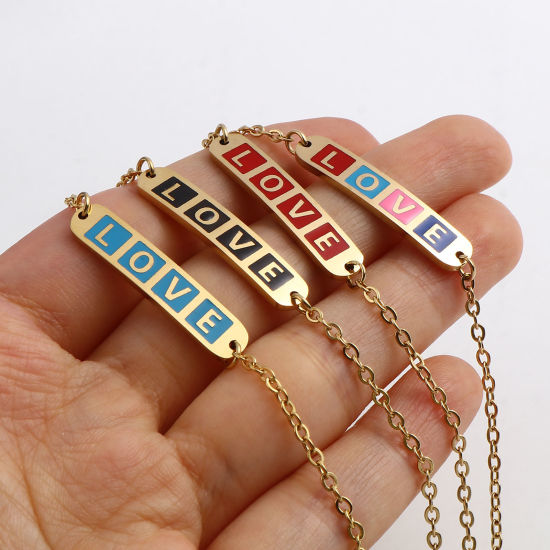 Imagen de Acero Inoxidable día de San Valentín Cable Cadena Cruz Pulseras Chapado en Oro Multicolor Óvalo Cruz " Amor " Esmalte 17cm-16.5cm longitud, 1 Unidad