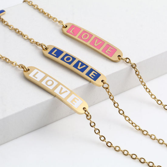 Imagen de Acero Inoxidable día de San Valentín Cable Cadena Cruz Pulseras Chapado en Oro Multicolor Óvalo Cruz " Amor " Esmalte 17cm-16.5cm longitud, 1 Unidad