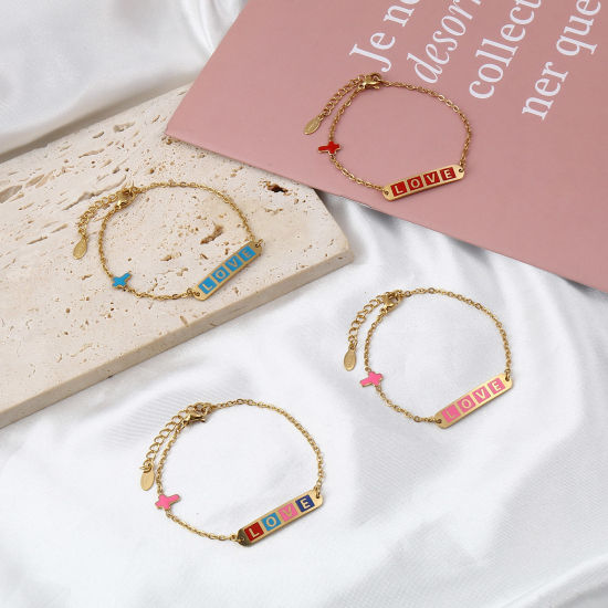 Imagen de Acero Inoxidable día de San Valentín Cable Cadena Cruz Pulseras Chapado en Oro Multicolor Óvalo Cruz " Amor " Esmalte 17cm-16.5cm longitud, 1 Unidad