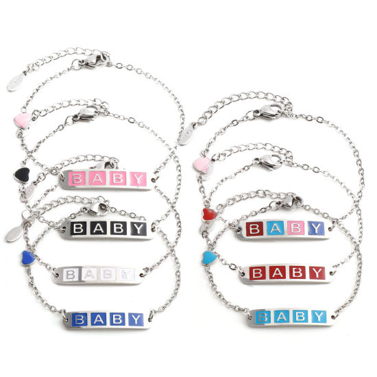 Immagine di Acciaio Inossidabile Cavo Catena Braccialetti Tono Argento Multicolore Ovale Cuore Messaggio " baby " Smalto 17cm-16.5cm Lunghezza, 1 Pz