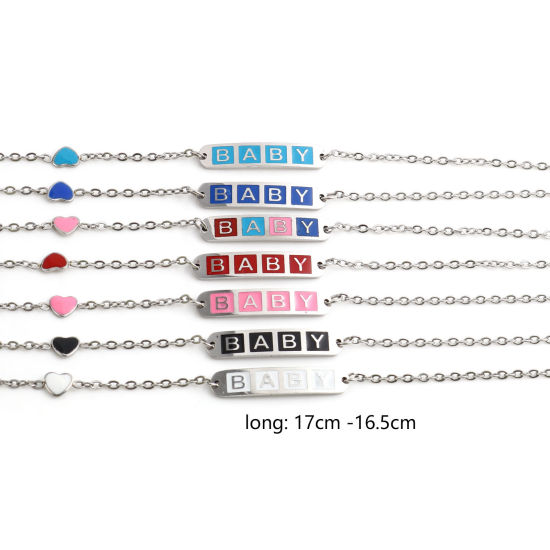 Immagine di Acciaio Inossidabile Cavo Catena Braccialetti Tono Argento Multicolore Ovale Cuore Messaggio " baby " Smalto 17cm-16.5cm Lunghezza, 1 Pz