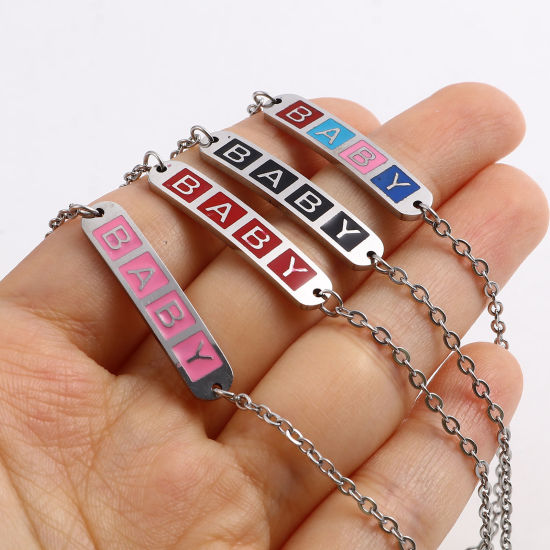 Immagine di Acciaio Inossidabile Cavo Catena Braccialetti Tono Argento Multicolore Ovale Cuore Messaggio " baby " Smalto 17cm-16.5cm Lunghezza, 1 Pz