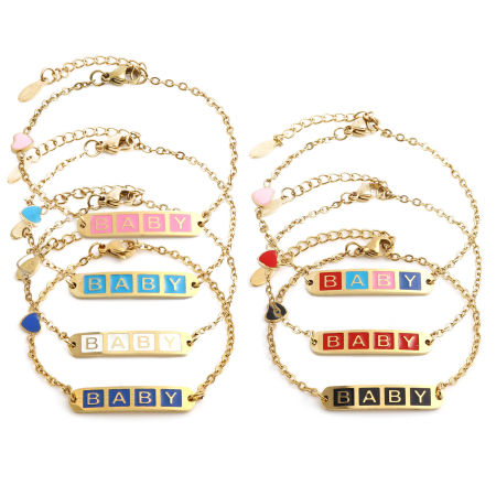 Image de Chaîne Maille Forçat Bracelets en Acier Inoxydable Doré Multicolore Ovale Cœur Gravé Mot " baby " Émail 17cm-16.5cm long, 1 Pièce