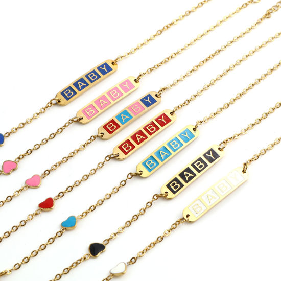 Picture of Stainless Steel Link Cable Chain Bracelets Gold Plated Multicolor Oval Heart Word Message " baby " Enamel 17cm(6 6/8")-16.5cm(6 4/8") long, 1 Piece