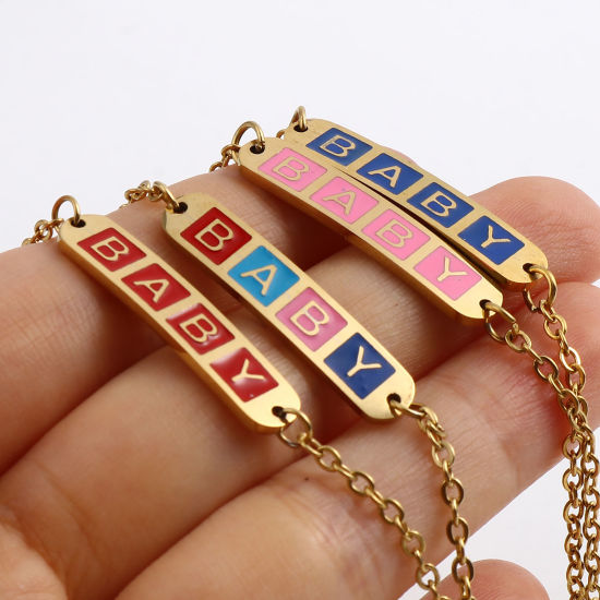 Picture of Stainless Steel Link Cable Chain Bracelets Gold Plated Multicolor Oval Heart Word Message " baby " Enamel 17cm(6 6/8")-16.5cm(6 4/8") long, 1 Piece