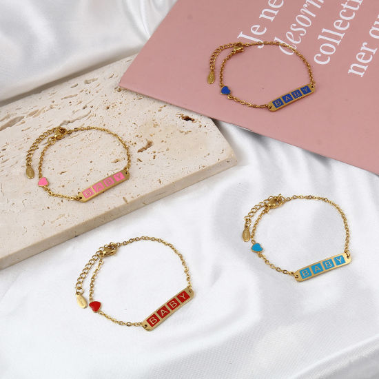 Picture of Stainless Steel Link Cable Chain Bracelets Gold Plated Multicolor Oval Heart Word Message " baby " Enamel 17cm(6 6/8")-16.5cm(6 4/8") long, 1 Piece