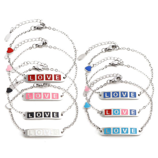 Imagen de Acero Inoxidable día de San Valentín Cable Cadena Cruz Pulseras Tono de Plata Multicolor Óvalo Corazón " Amor " Esmalte 17cm-16.5cm longitud, 1 Unidad