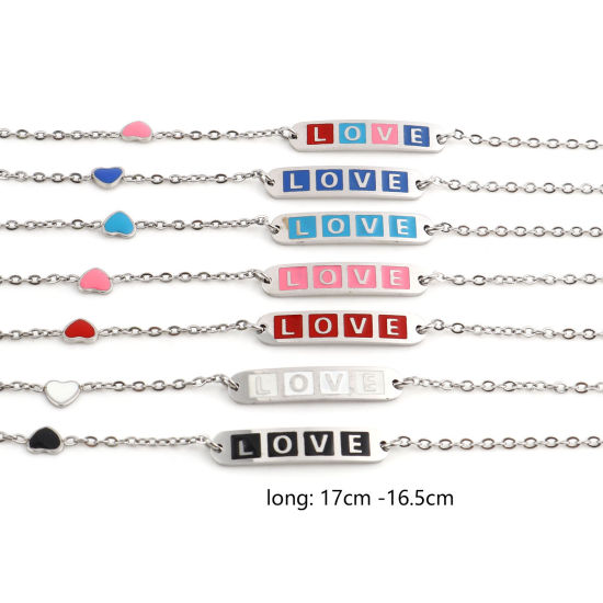 Imagen de Acero Inoxidable día de San Valentín Cable Cadena Cruz Pulseras Tono de Plata Multicolor Óvalo Corazón " Amor " Esmalte 17cm-16.5cm longitud, 1 Unidad