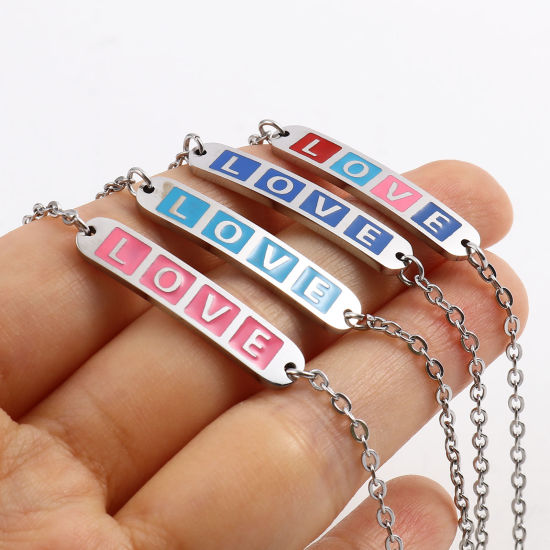 Imagen de Acero Inoxidable día de San Valentín Cable Cadena Cruz Pulseras Tono de Plata Multicolor Óvalo Corazón " Amor " Esmalte 17cm-16.5cm longitud, 1 Unidad