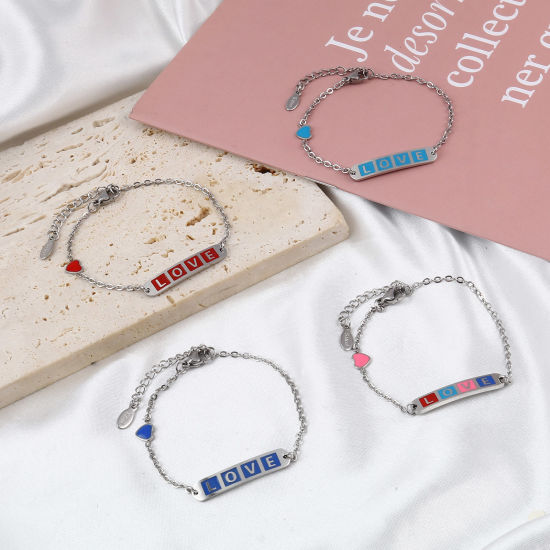 Imagen de Acero Inoxidable día de San Valentín Cable Cadena Cruz Pulseras Tono de Plata Multicolor Óvalo Corazón " Amor " Esmalte 17cm-16.5cm longitud, 1 Unidad