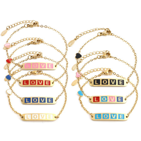 Image de Chaîne Maille Forçat Bracelets La Saint Valentin en Acier Inoxydable Doré Multicolore Ovale Cœur Gravé Mot " LOVE " Émail 17cm-16.5cm long, 1 Pièce