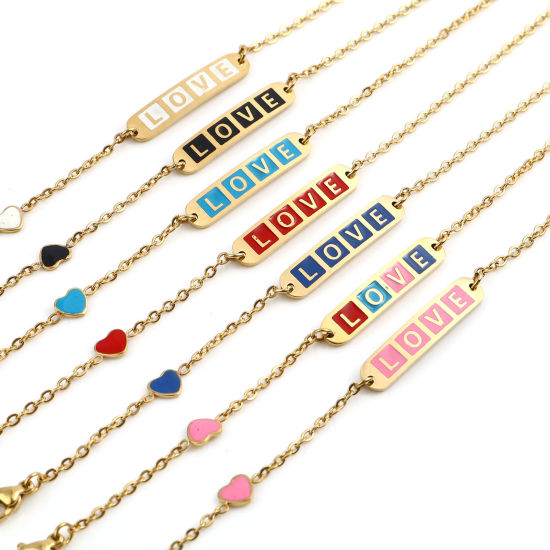 Imagen de Acero Inoxidable día de San Valentín Cable Cadena Cruz Pulseras Chapado en Oro Multicolor Óvalo Corazón " Amor " Esmalte 17cm-16.5cm longitud, 1 Unidad