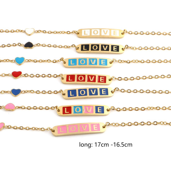 Imagen de Acero Inoxidable día de San Valentín Cable Cadena Cruz Pulseras Chapado en Oro Multicolor Óvalo Corazón " Amor " Esmalte 17cm-16.5cm longitud, 1 Unidad