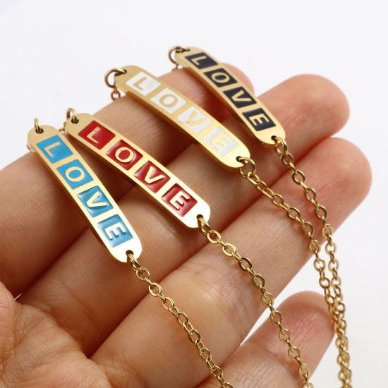 Imagen de Acero Inoxidable día de San Valentín Cable Cadena Cruz Pulseras Chapado en Oro Multicolor Óvalo Corazón " Amor " Esmalte 17cm-16.5cm longitud, 1 Unidad