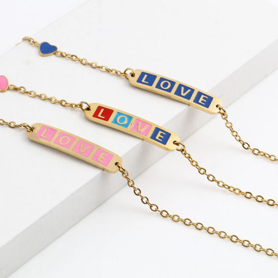 Imagen de Acero Inoxidable día de San Valentín Cable Cadena Cruz Pulseras Chapado en Oro Multicolor Óvalo Corazón " Amor " Esmalte 17cm-16.5cm longitud, 1 Unidad