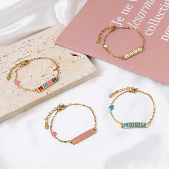 Imagen de Acero Inoxidable día de San Valentín Cable Cadena Cruz Pulseras Chapado en Oro Multicolor Óvalo Corazón " Amor " Esmalte 17cm-16.5cm longitud, 1 Unidad