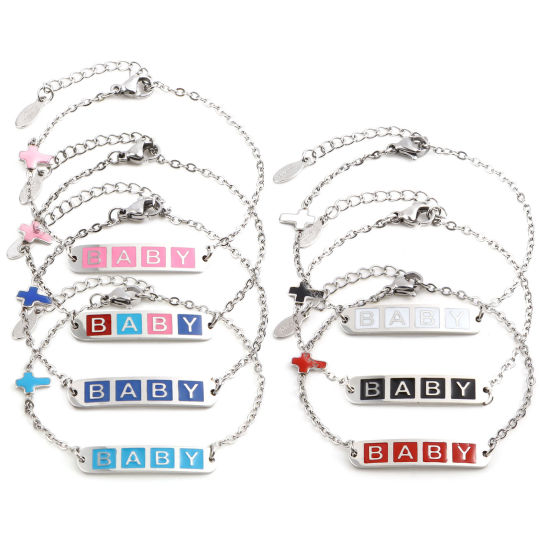 Imagen de Acero Inoxidable Cable Cadena Cruz Pulseras Tono de Plata Multicolor Óvalo Cruz " Bebé " Esmalte 17cm-16.5cm longitud, 1 Unidad