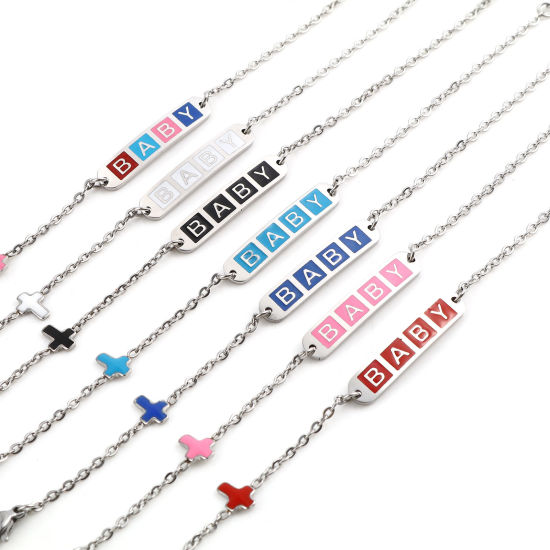 Imagen de Acero Inoxidable Cable Cadena Cruz Pulseras Tono de Plata Multicolor Óvalo Cruz " Bebé " Esmalte 17cm-16.5cm longitud, 1 Unidad
