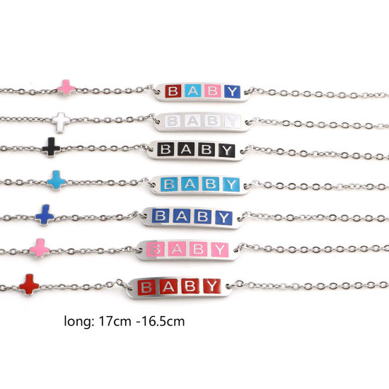 Imagen de Acero Inoxidable Cable Cadena Cruz Pulseras Tono de Plata Multicolor Óvalo Cruz " Bebé " Esmalte 17cm-16.5cm longitud, 1 Unidad