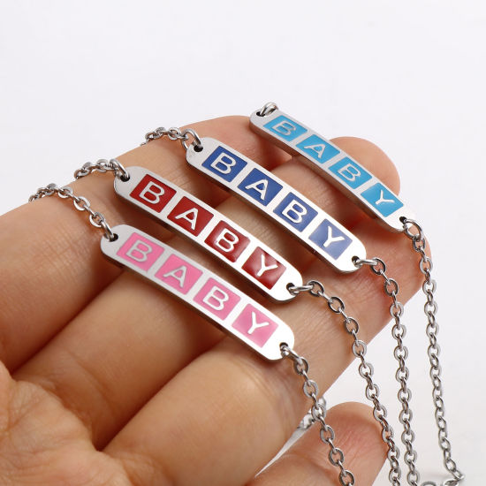 Imagen de Acero Inoxidable Cable Cadena Cruz Pulseras Tono de Plata Multicolor Óvalo Cruz " Bebé " Esmalte 17cm-16.5cm longitud, 1 Unidad