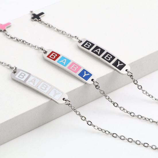 Imagen de Acero Inoxidable Cable Cadena Cruz Pulseras Tono de Plata Multicolor Óvalo Cruz " Bebé " Esmalte 17cm-16.5cm longitud, 1 Unidad
