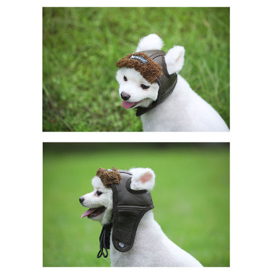Picture of Autumn Winter Retro Warm PU Leather Aviator Hat Dog Pet Clothing