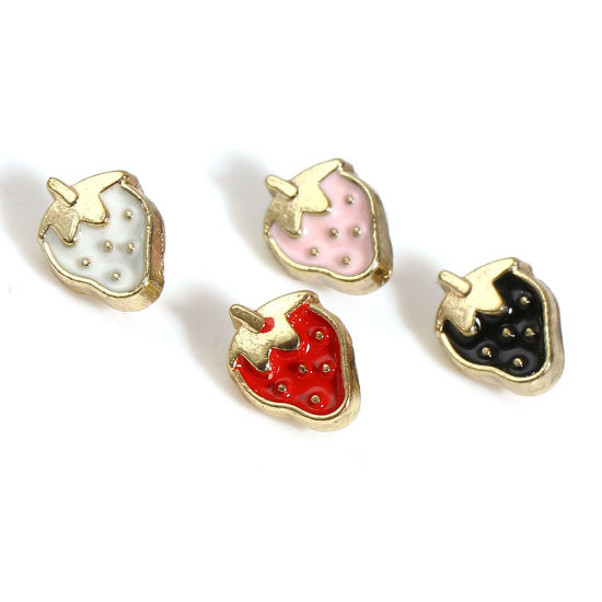 Picture of Zinc Based Alloy Metal Sewing Shank Buttons Gold Plated Multicolor Strawberry Fruit Enamel 6mm x 4.5mm, 30 PCs