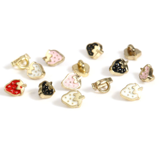 Picture of Zinc Based Alloy Metal Sewing Shank Buttons Gold Plated Multicolor Strawberry Fruit Enamel 6mm x 4.5mm, 30 PCs