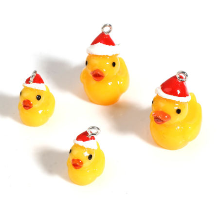 Resin Charms Duck Animal Christmas Hats Silver Tone Orange 5 PCs